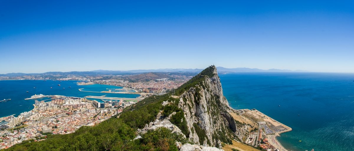 The Rock of Gibraltar rising above the town and bay
