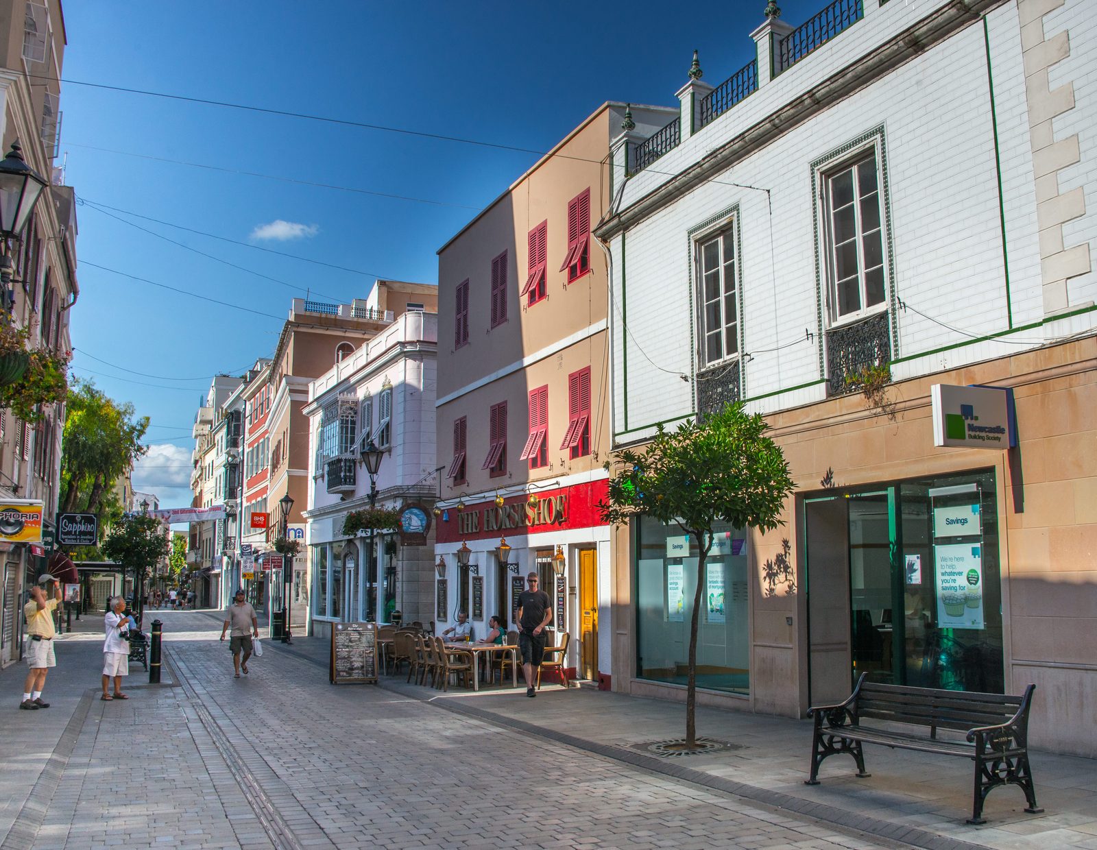 Shops and cafes along pedestrianised Main Street in Gibraltar