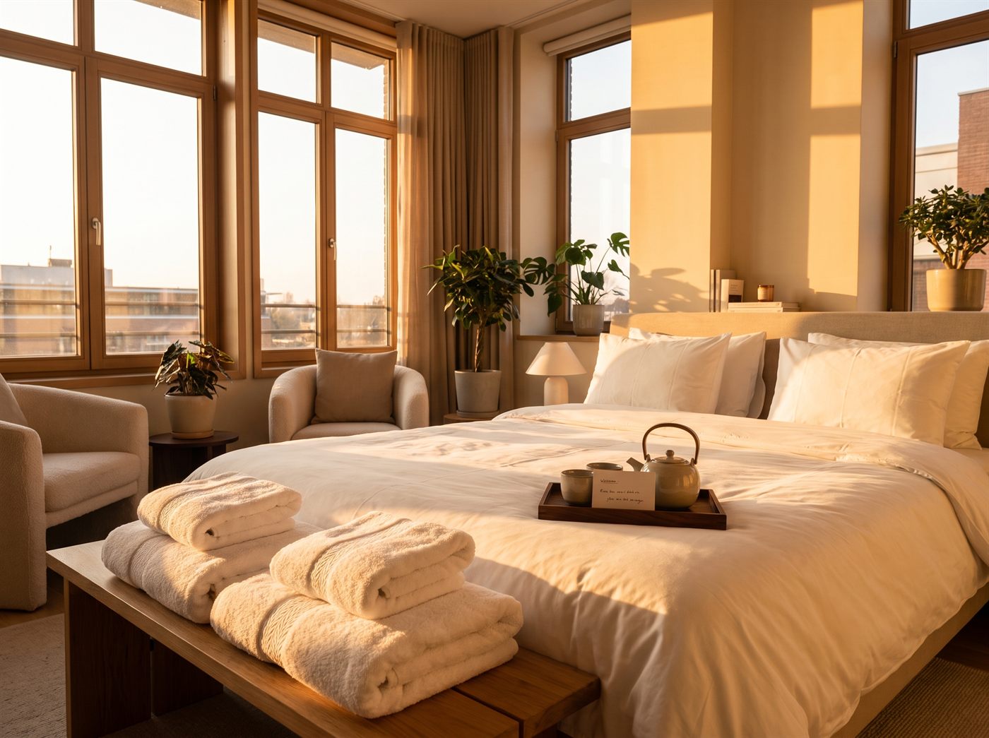 A short-stay apartment styled with crisp white linen and fresh towels